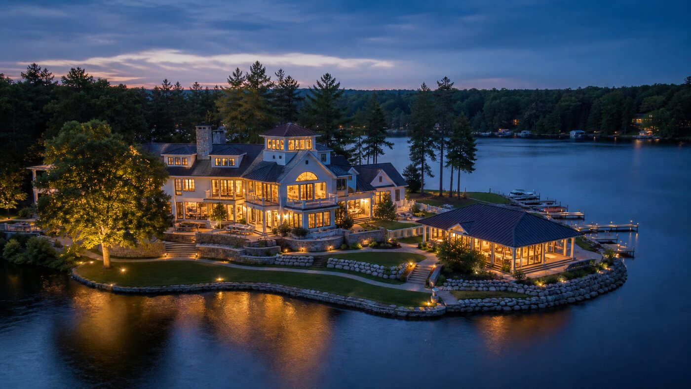 Elevated blue-hour view of a warmly lit lakeside event venue surrounded by trees and water.