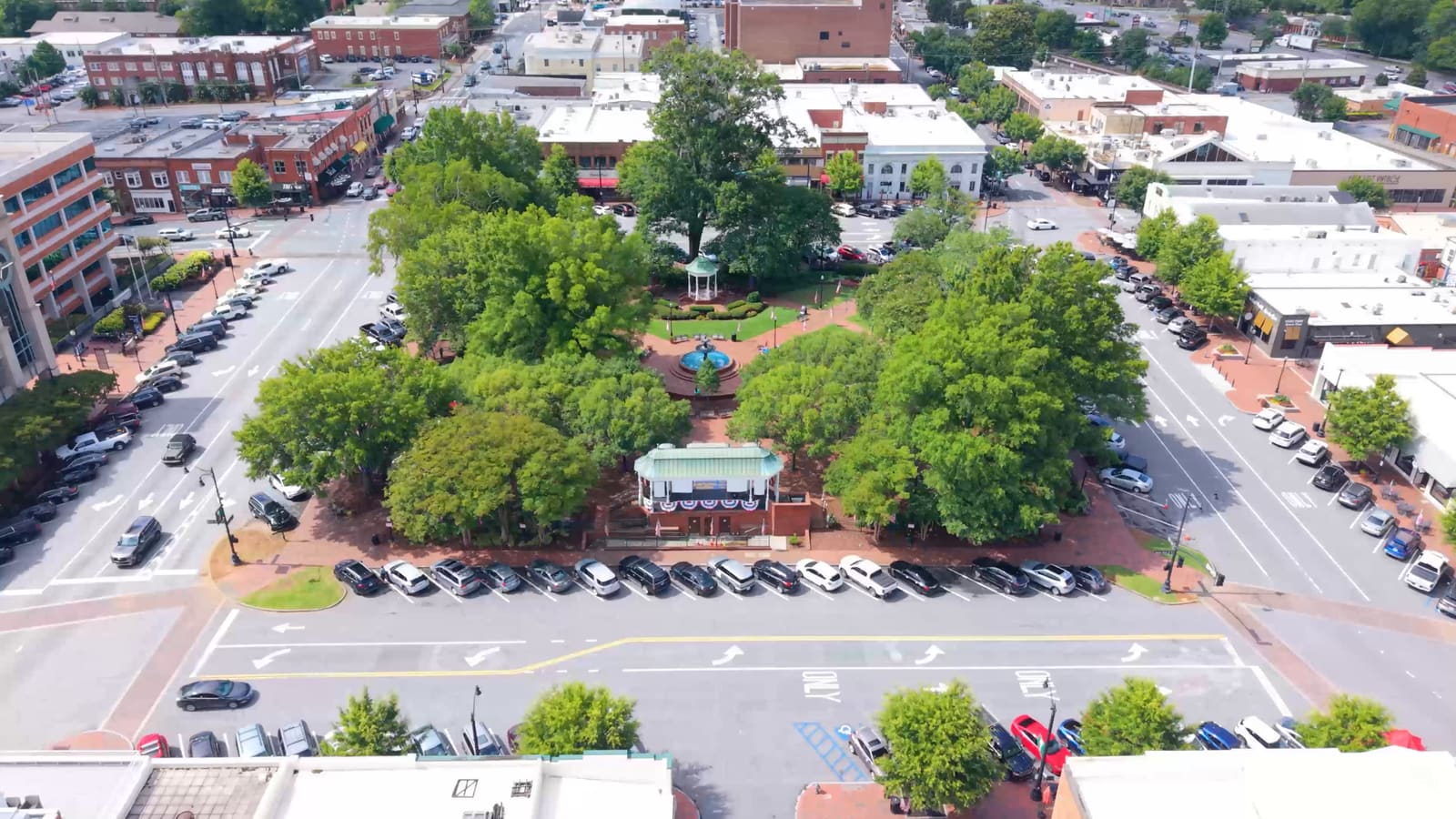 Aerial view straight down on Marietta Square, with the gazebo, fountain, and surrounding brick storefronts