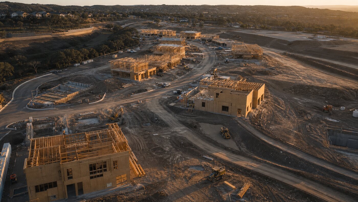 Elevated view of a residential construction site with roads, structures, and equipment tracks.